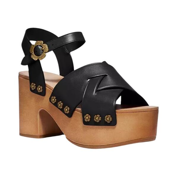 Coach Nessa Clog Sandal Block Heels Black Leather Clogs Shoes w/ Gold Size 9.5 - Picture 1 of 10